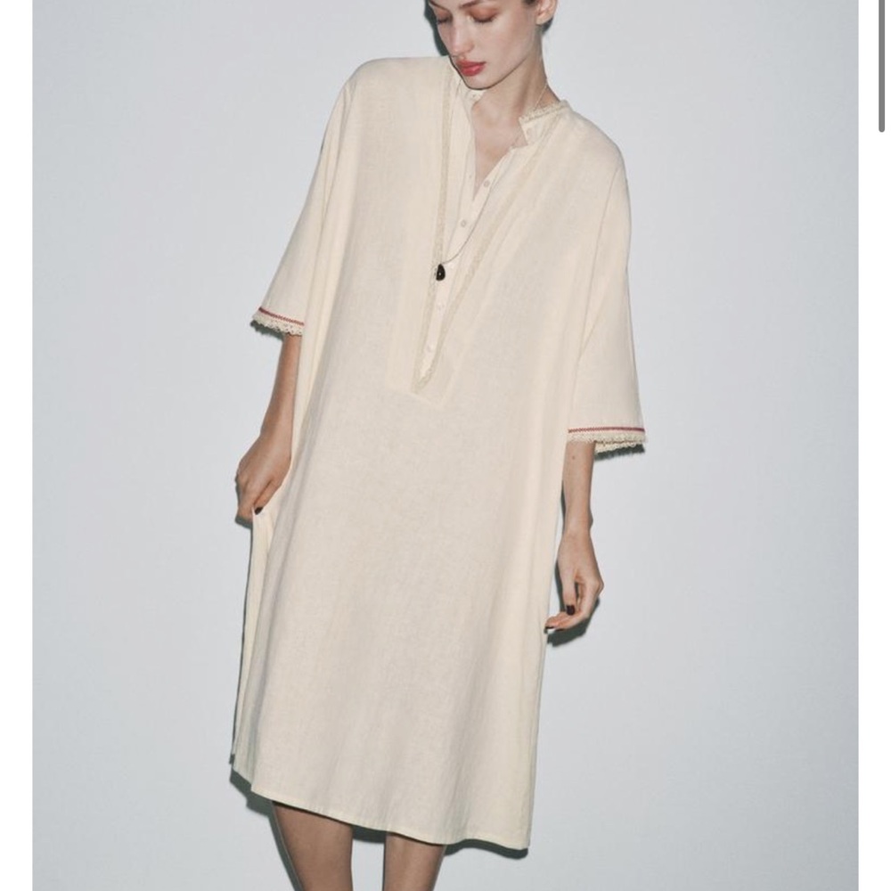 NWT Zara Cream Caftan Linen Dress with Subtle Trim